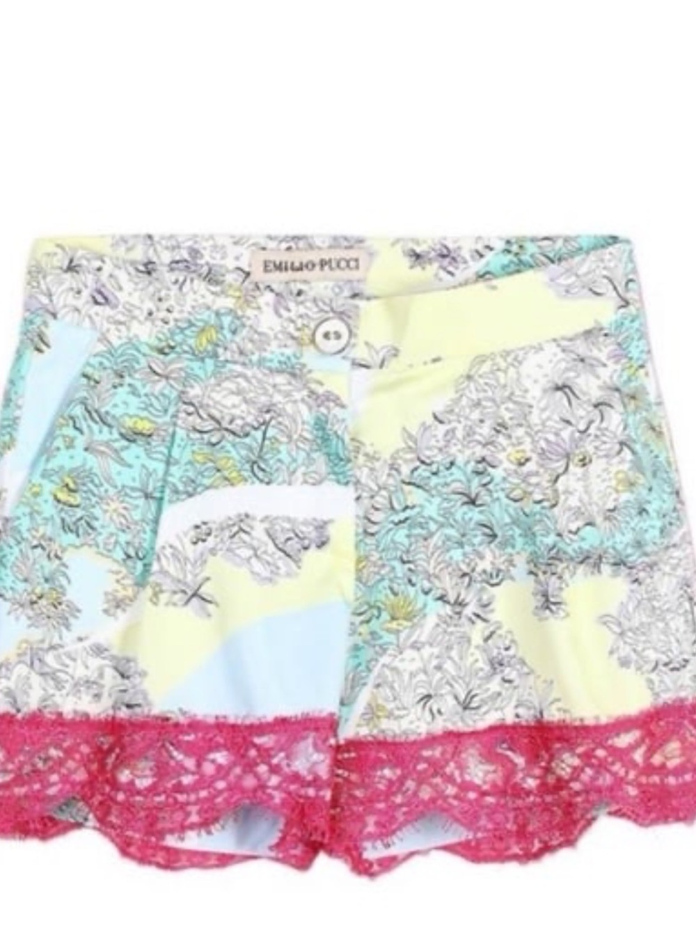Emilio Pucci Pastel Floral High-Waist Shorts with Pink Lace Trim